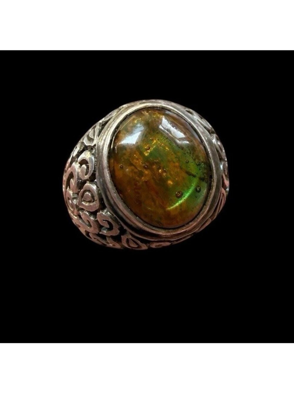Vintage 925 Sterling Silver Dichroic Glass Oval Ring Filigree Scrollwork⁠ Size 9